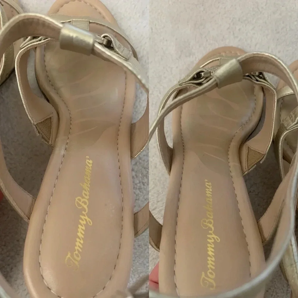 TOMMY Bahama Wedges, gold T-strap, 7